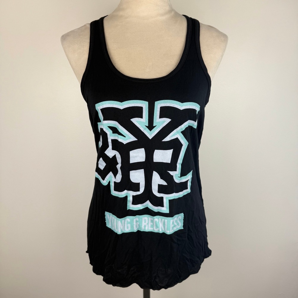 Young & Reckless Womens Black Teal Graphic‎ Racerback Tank Top Y&R Logo Sz Med